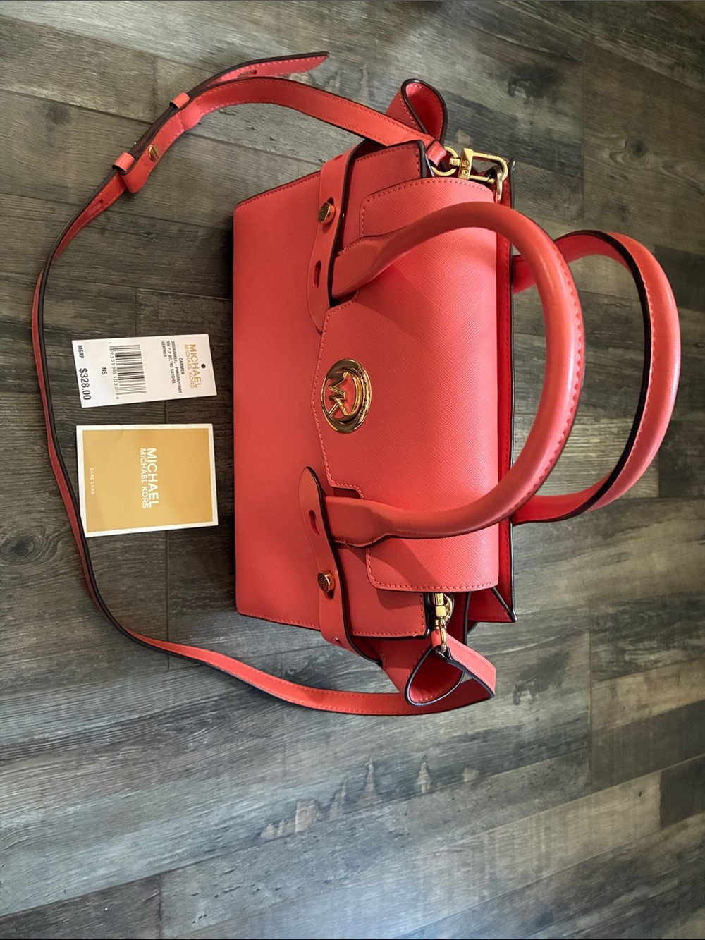 Michael Kors Coral-Red Saffiano Leather Satchel with Gold Hardware. W/tag